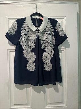Anthropologie Navy Lace-Applique Blouse with Peter Pan Collar-Super cute!